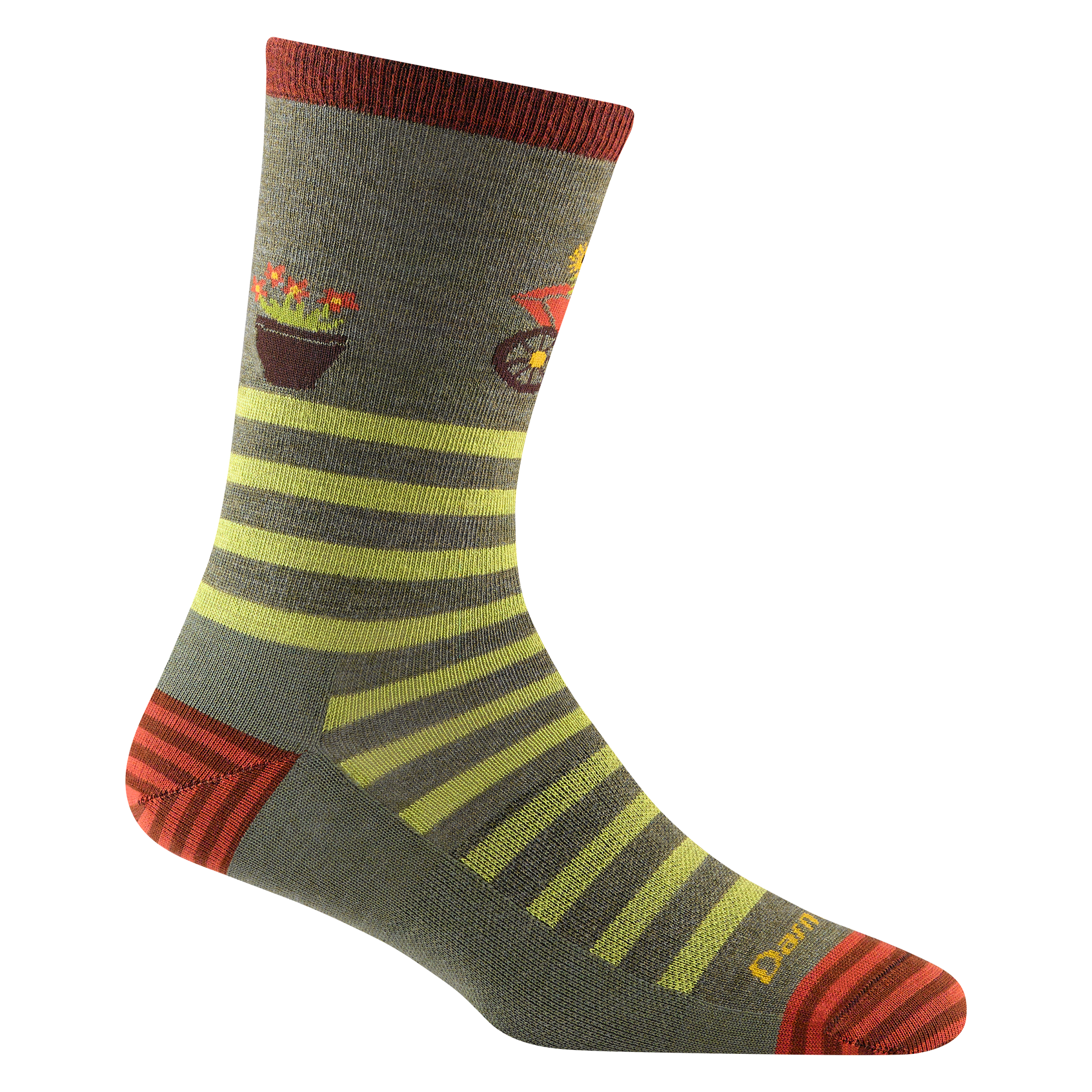 Women's animal haus crew lifestyle sock in color gerb green with yellow striping up forefoot and flower pot design