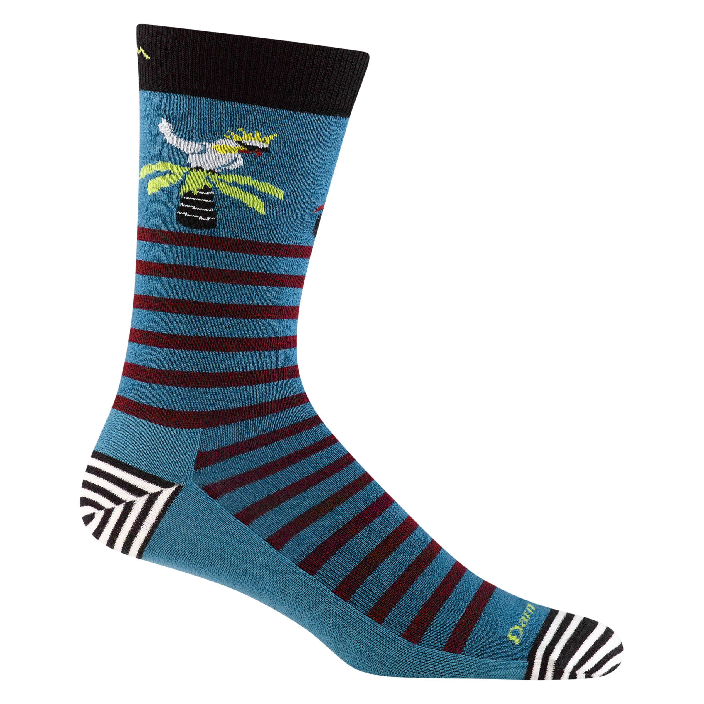 Reverse side of the men's animal haus crew lifestyle sock in cascade blue with a bird sitting in a palm tree detail
