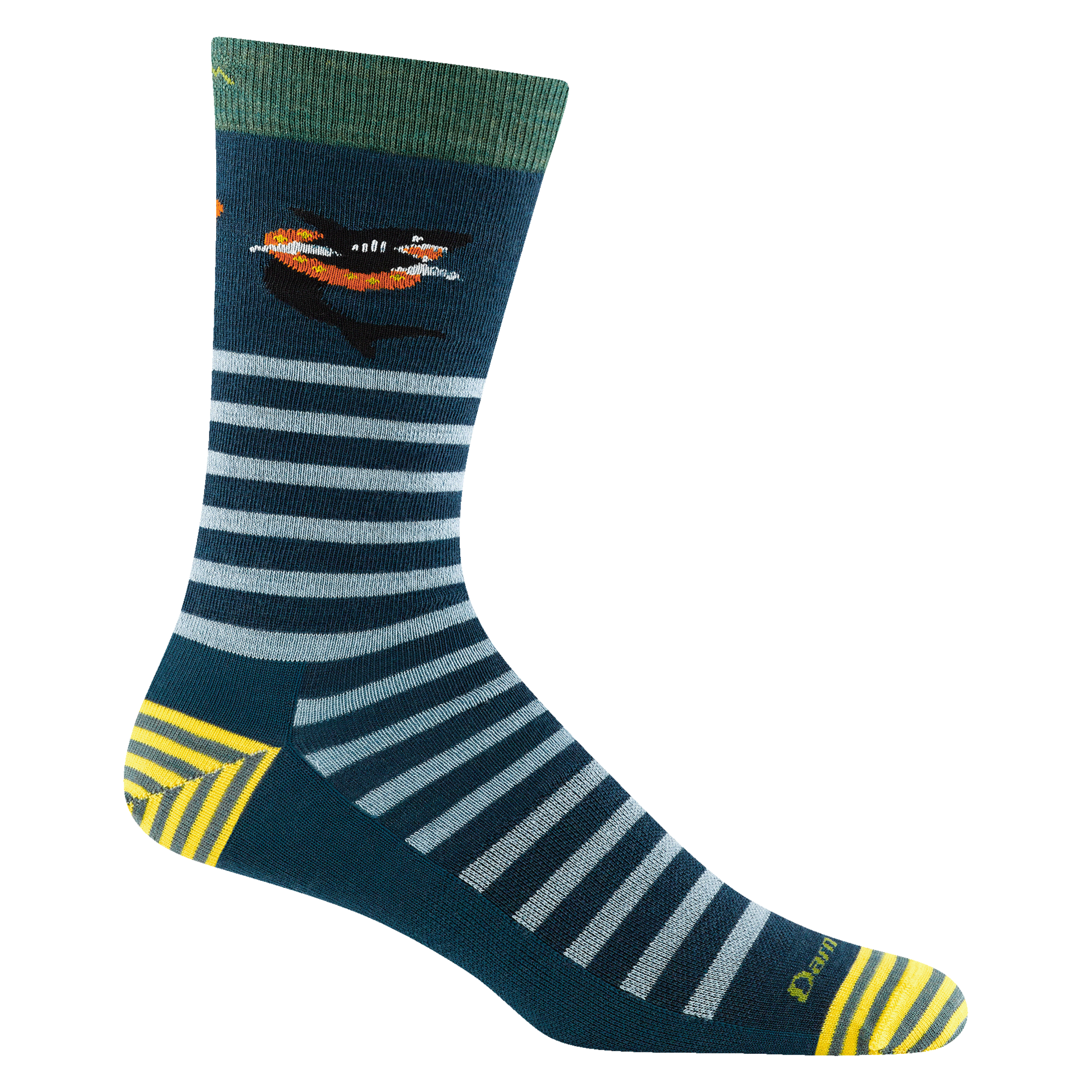 Reverse 6066 men's animal haus crew lifestyle sock in dark teal with yellow striped toe/heel accents, shark in a float design