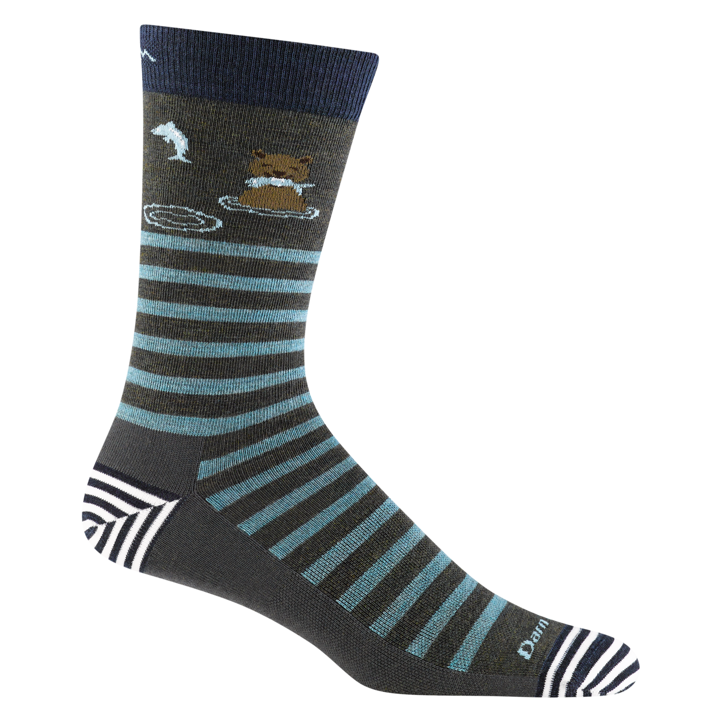 Reverse side of the men's animal haus crew lifestyle sock in forest green with otter detail with a fish in it's mouth