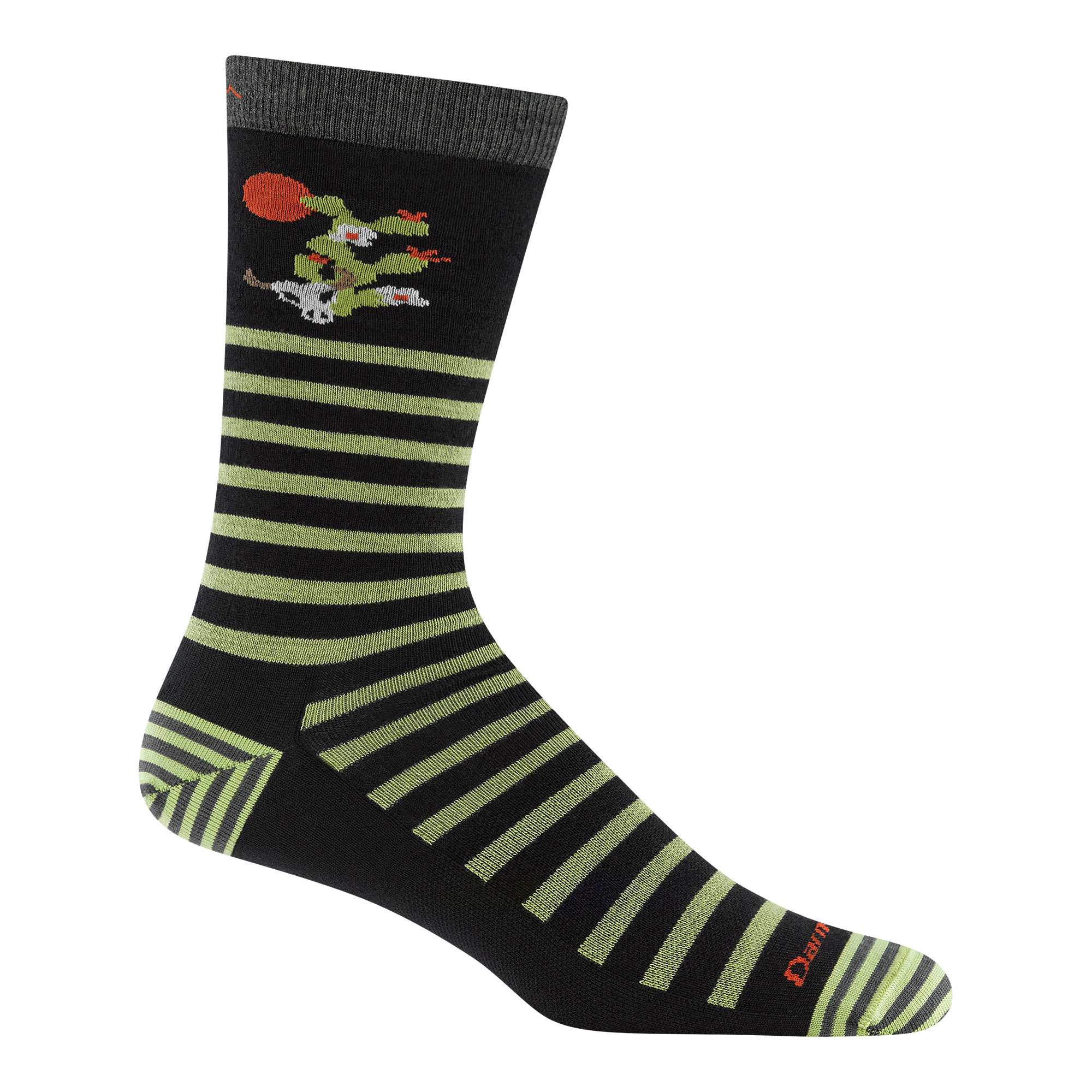 reverse 6066 animal haus crew sock in gator green featuring a striped heel/toe  dark green body with light green stripes and a cactus on the leg