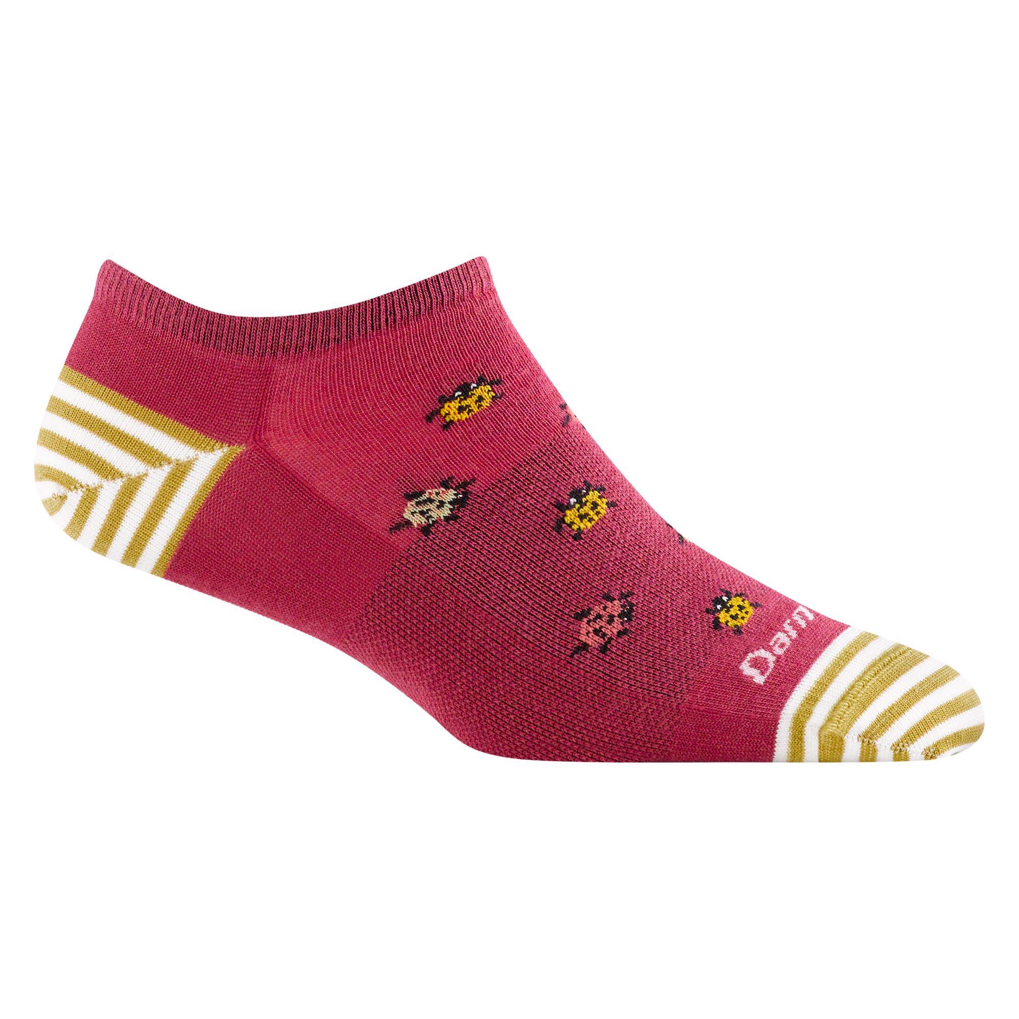 6074 Lucky lady in cranberry featuring and white and yellow striped heel/toe , berry red body and ladybug design