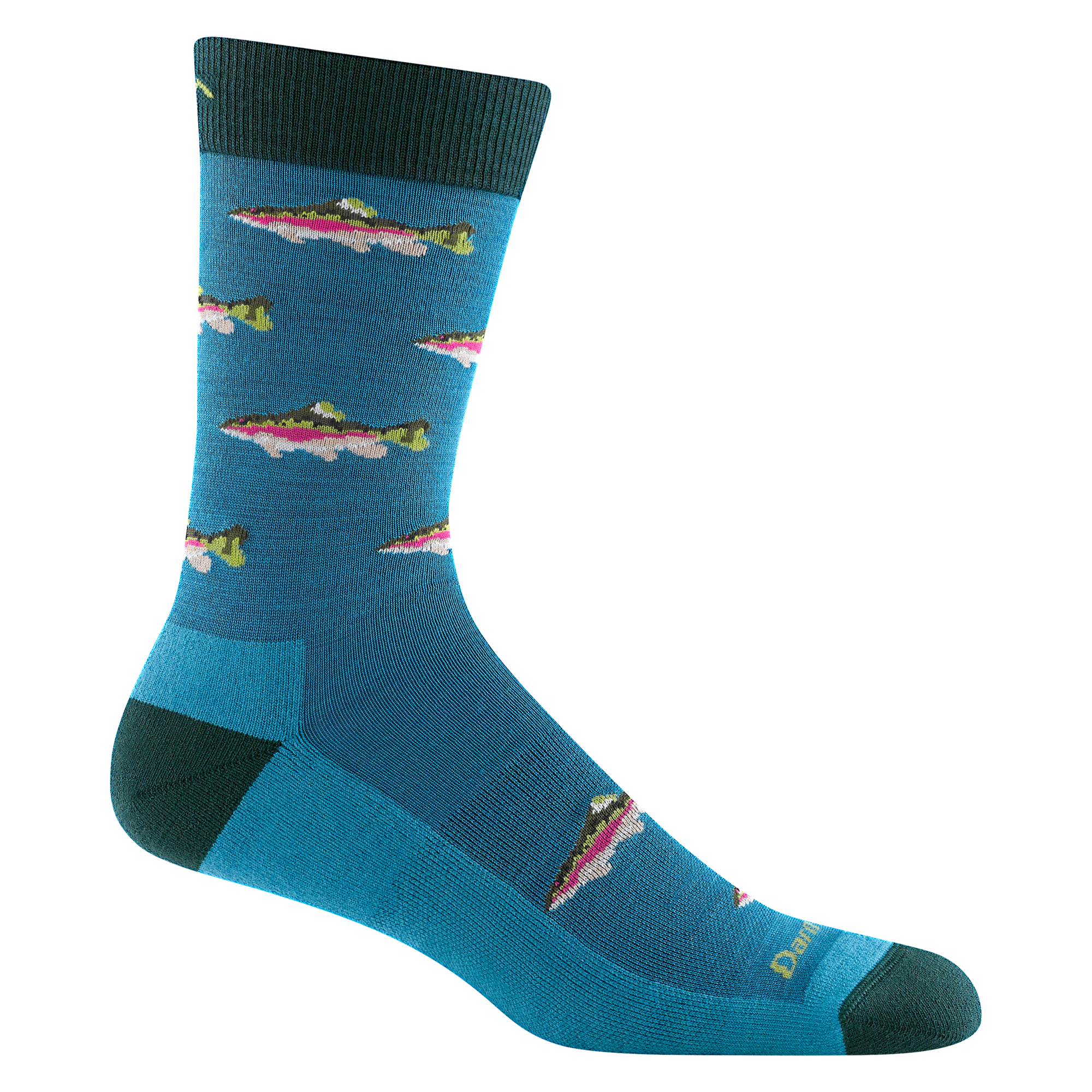 6085 Spey Fly crew in cascade featuring a dark teal heel/toe/cuff cascade blue body and fish designs