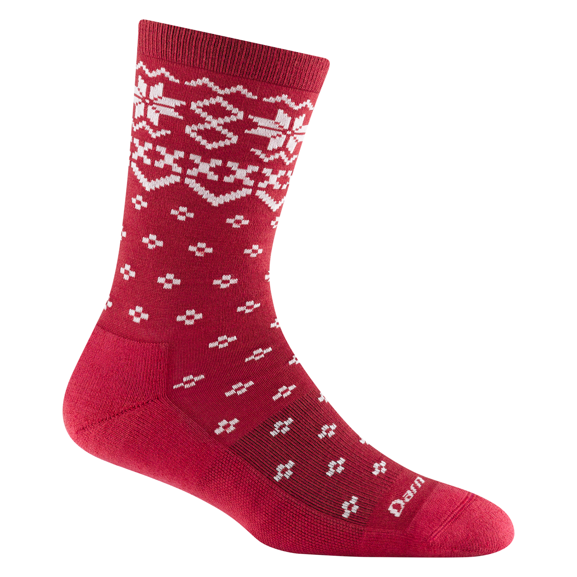 6088 women's shetland crew lifestyle sock in color cranberry with white traditional holiday print on forefoot and ankle