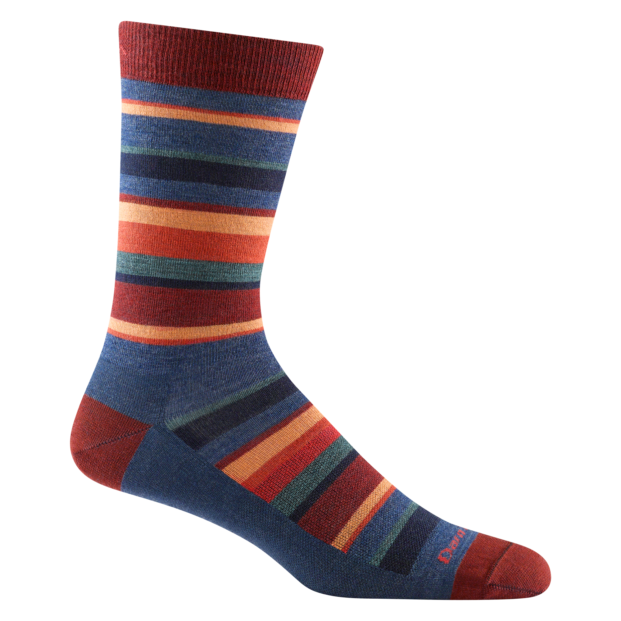6090 men's druid crew lifestyle sock in color denim blue with red toe/heel accents and orange, red, and blue striping
