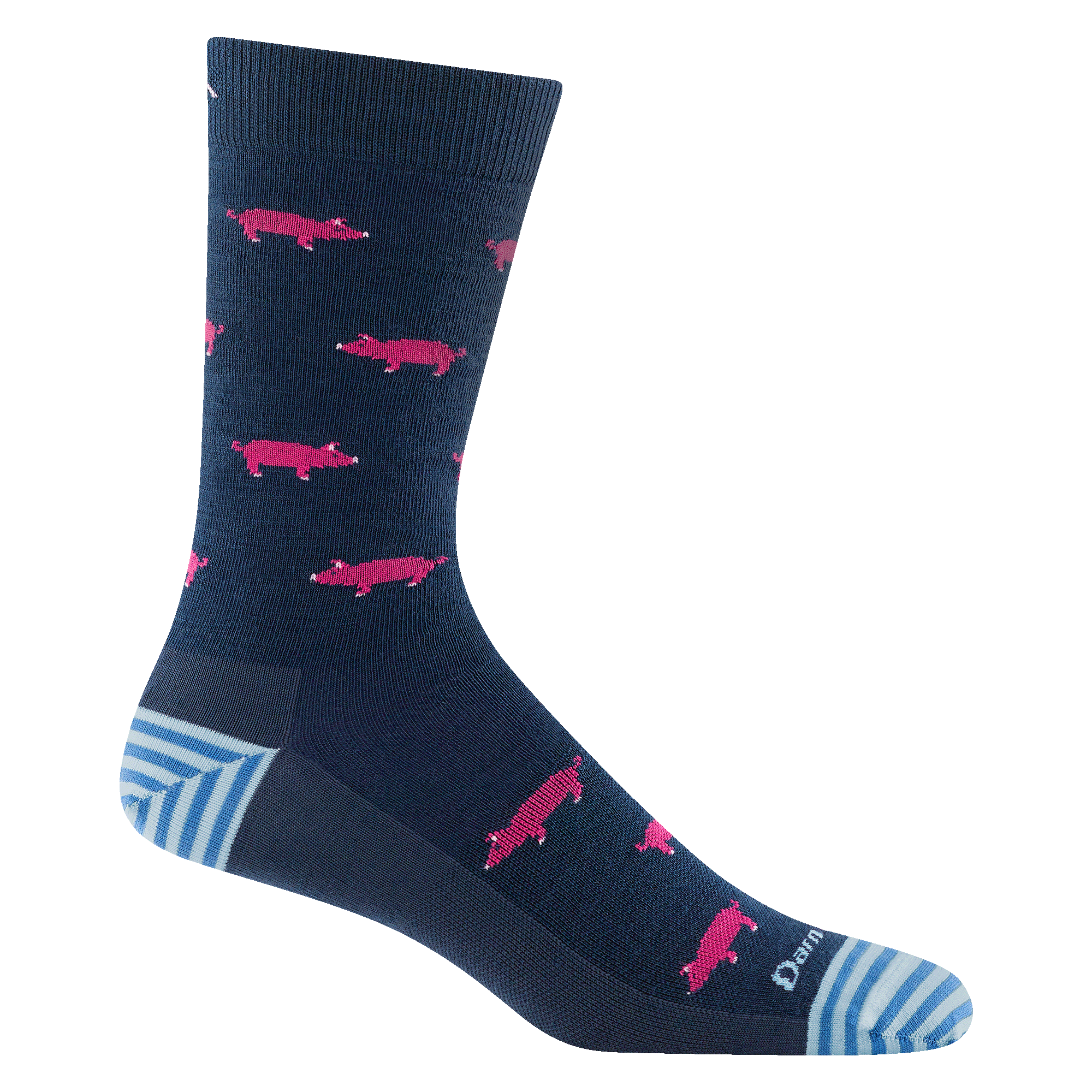 6092 men's truffle hog crew lifestyle sock in color midnight with blue striped accents and pink pig and fungi details