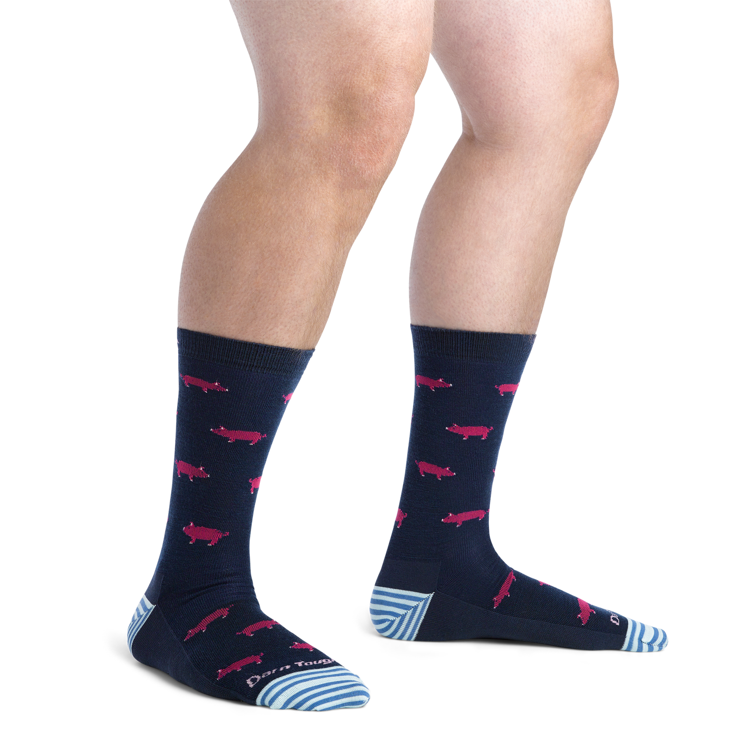 Close up shot of model wearing the men's truffle hog crew sock in midnight with no shoes on