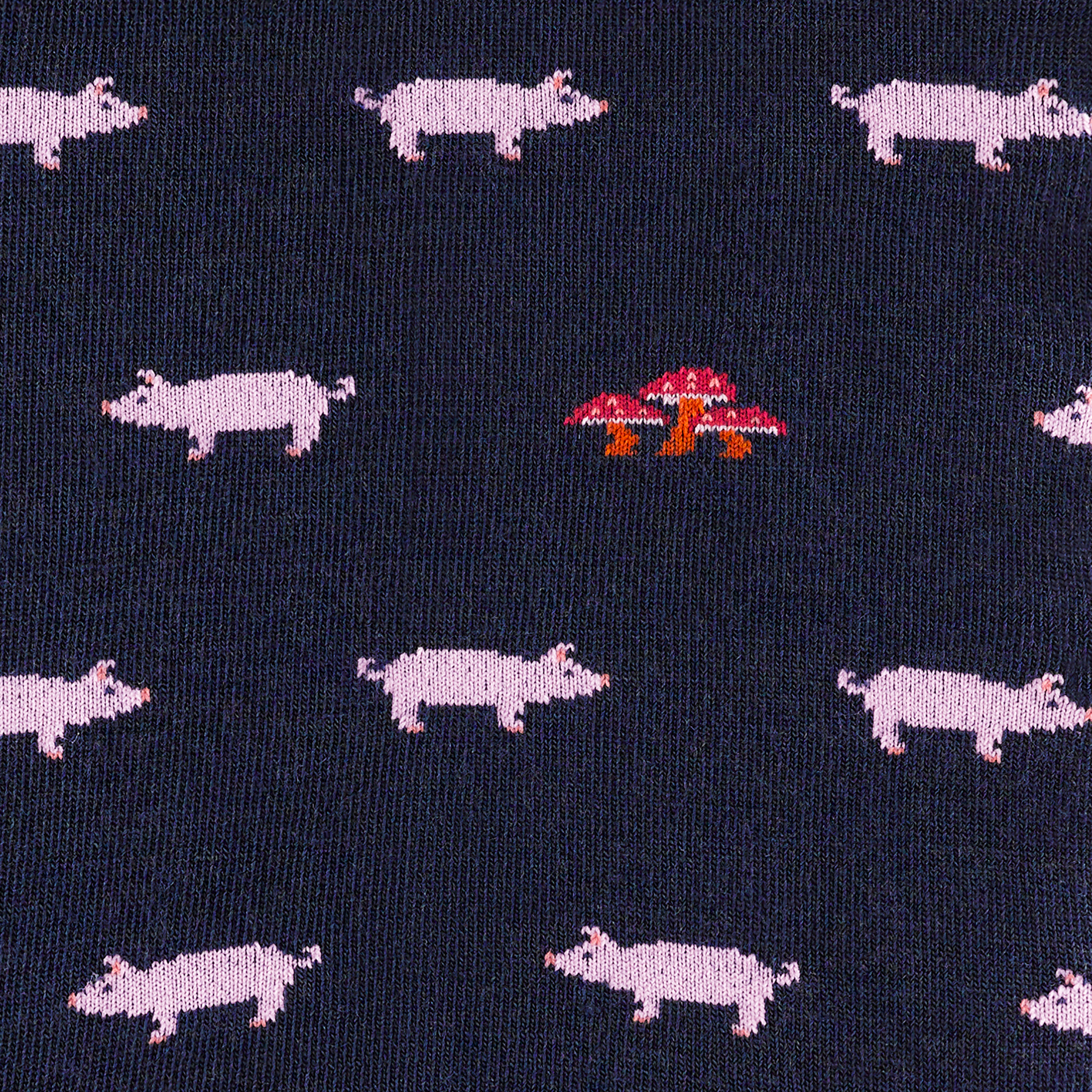 Detail shot of men's truffle hog crew lifestyle sock in navy with pink pig and red fungi details
