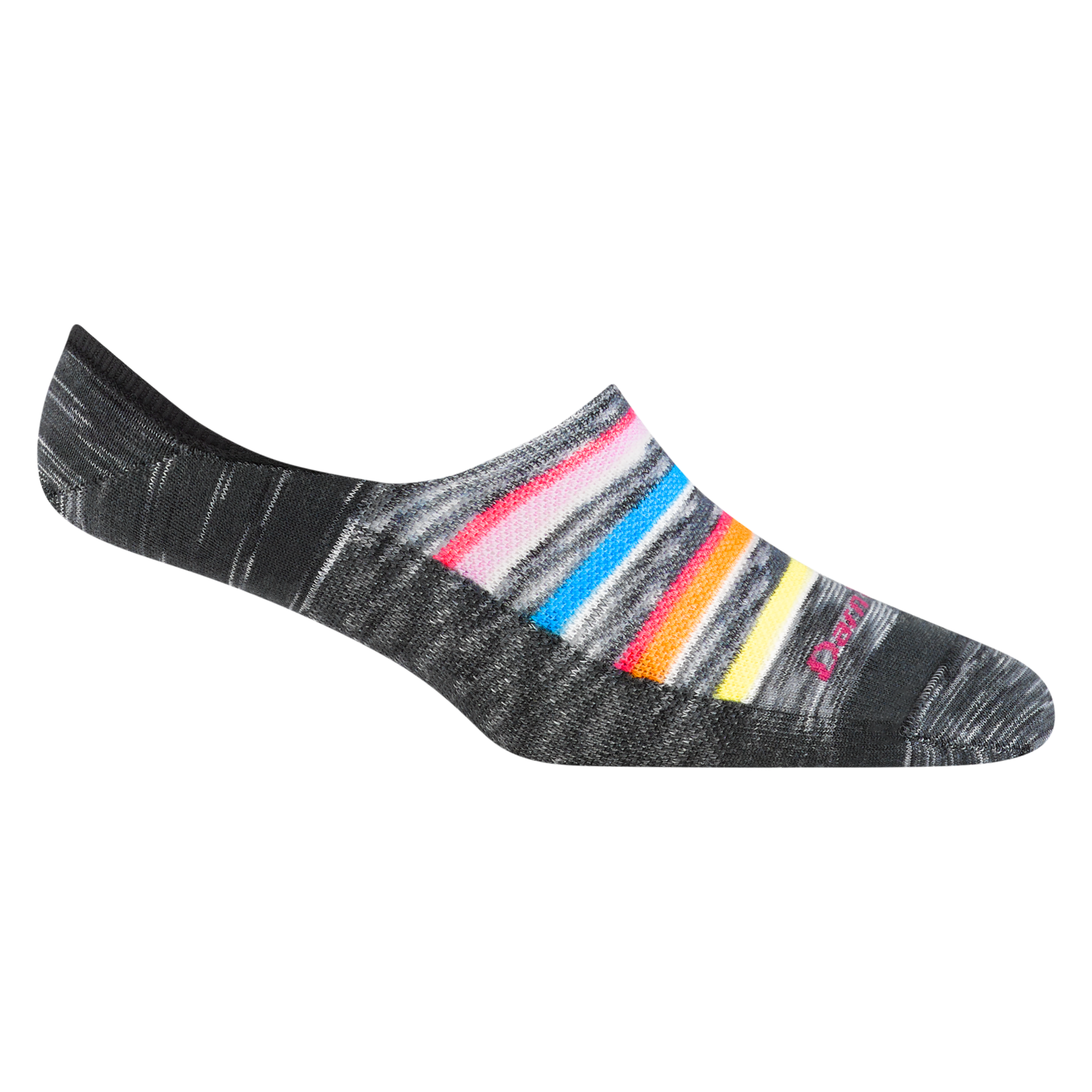 6101 women's nova no show hidden lifestyle sock in space gray with pink, orange, blue and yellow forefoot striping