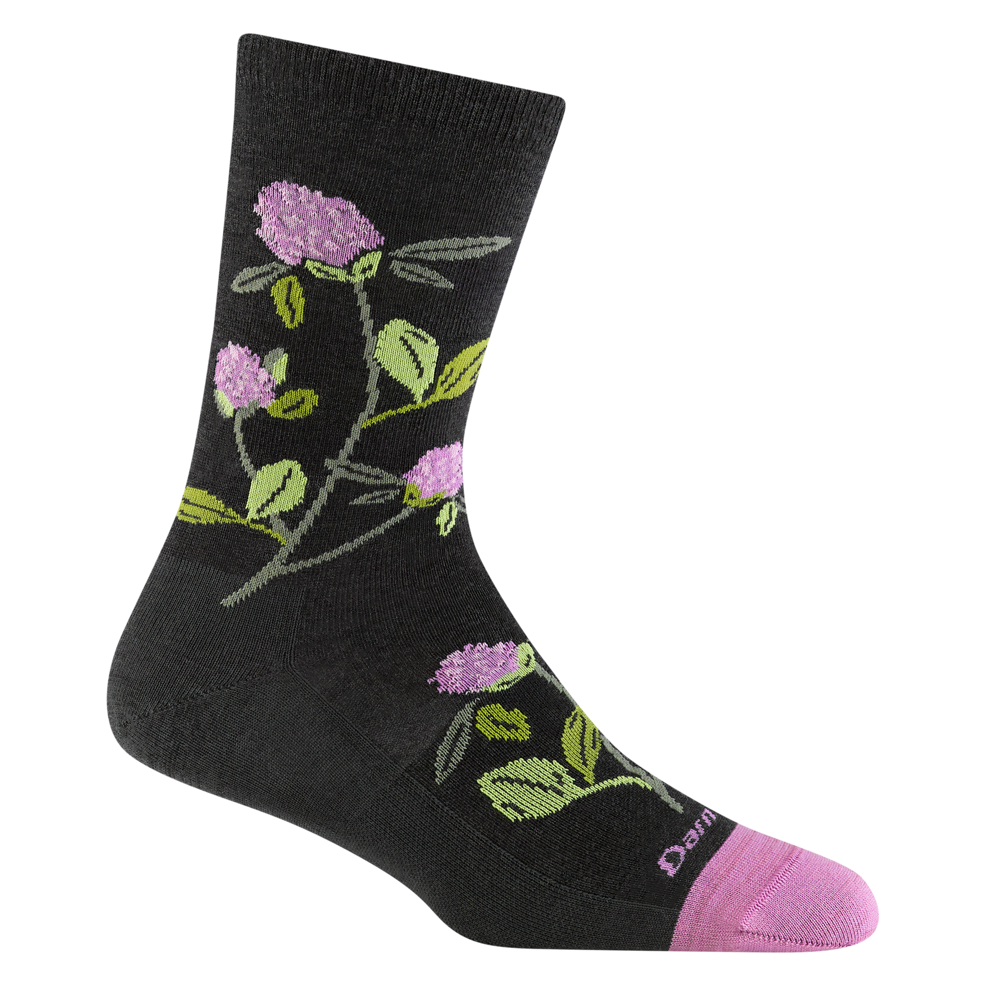 6104 women's blossom crew lifestyle socks in charcoal with pik toe accent and pink and green flower details