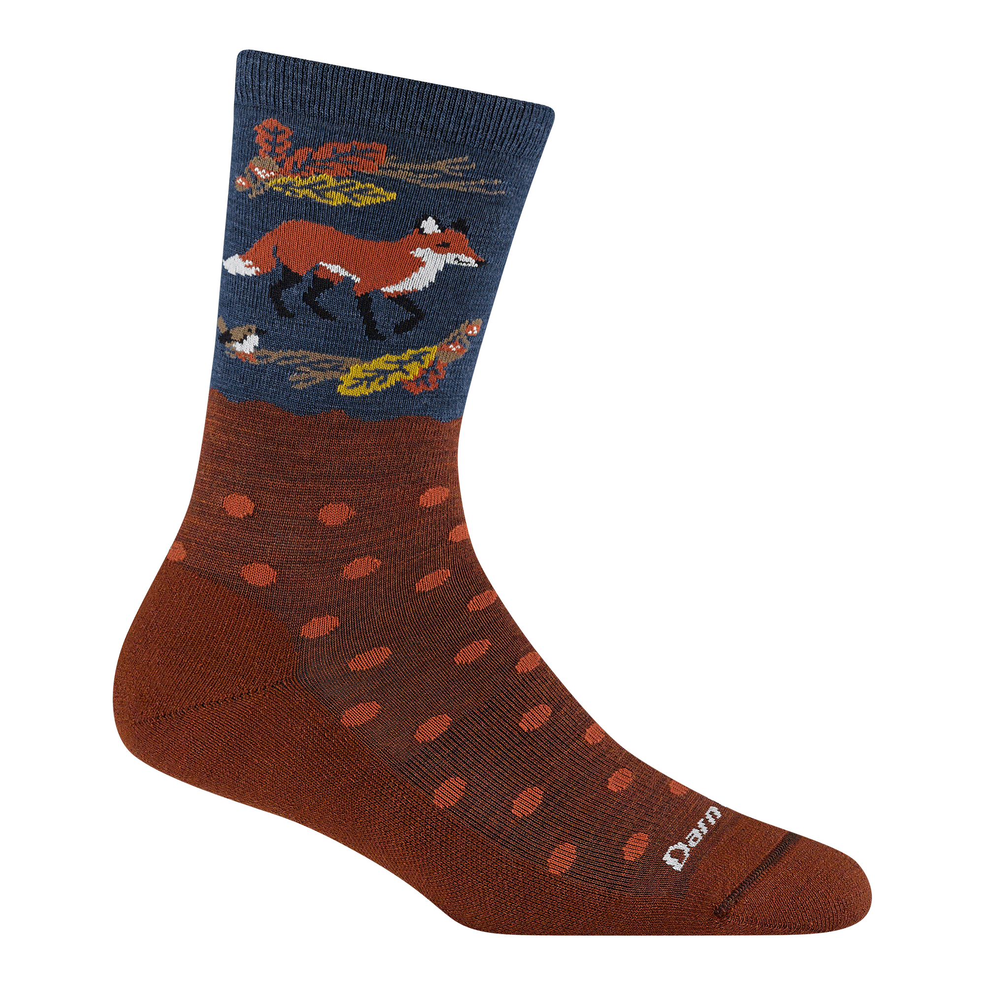 6105 women's wild life micro crew lifestyle sock in Fall Foliage red with fox walking through the fall leaves