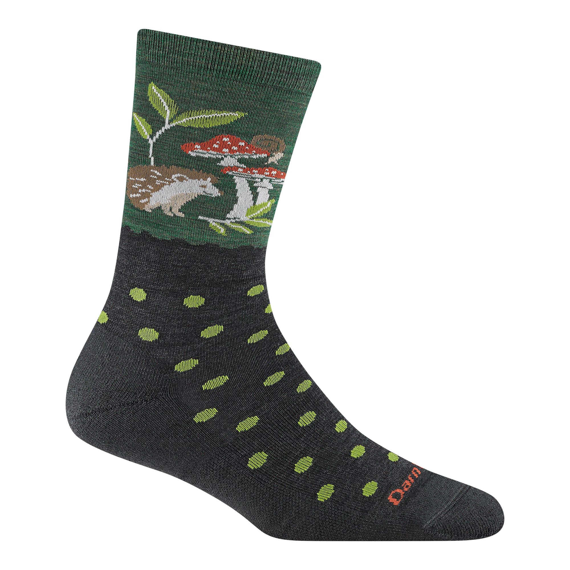 6105 women's wild life micro crew lifestyle sock in hedgehog moss with a hedgehog sitting under mushrooms 