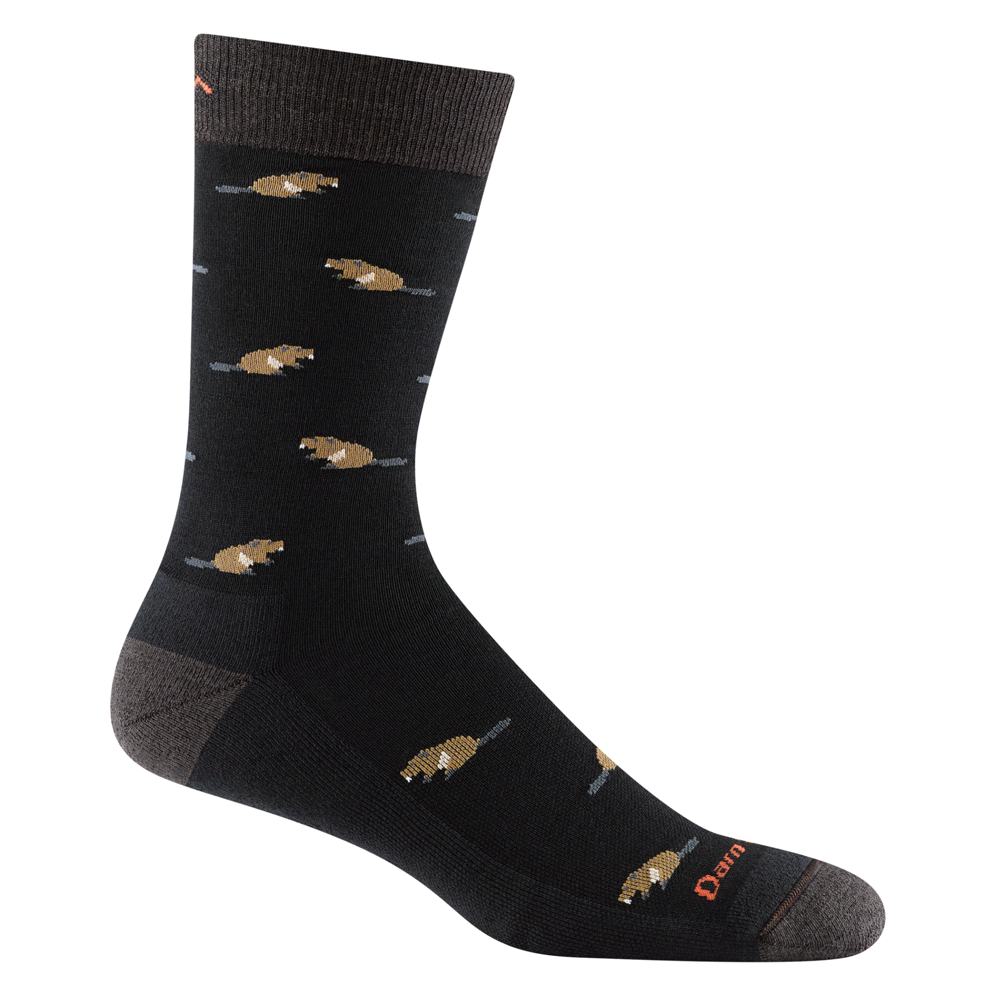 6107 Sawtooth Crew Lightweight Lifestyle featuring multiple small beavers, dark grey heel/toe with black for the body of the sock