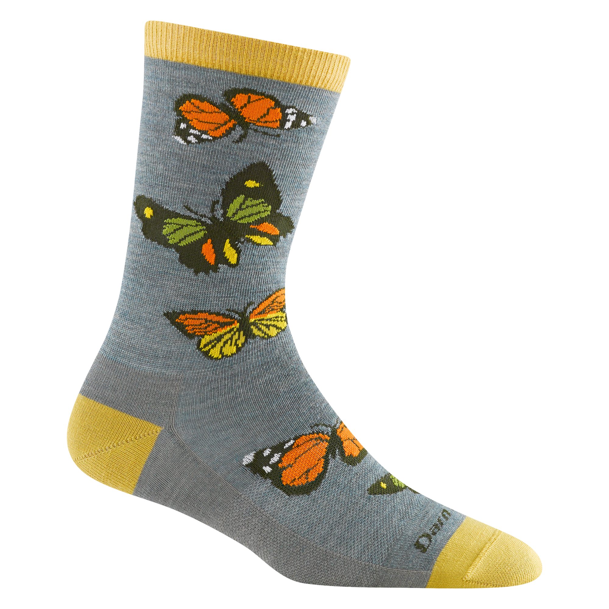 6109 Flutter in seafoam featuring yellow heel/toe/cuff with gray body and orange and yellow butterfly design 