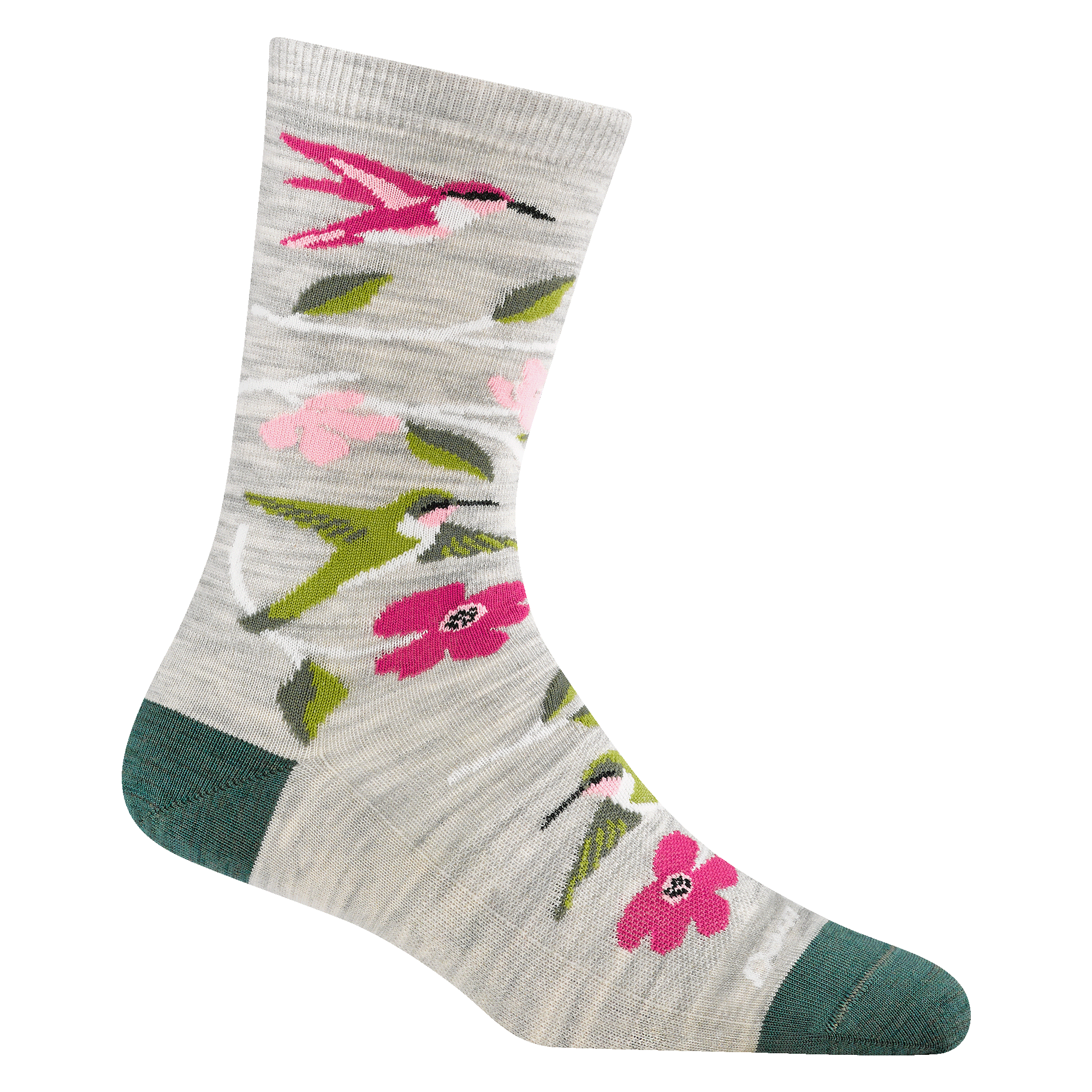 6121 birds of a feather crew lightweight lifestyle in ash featuring hummingbirds and flowers with gray body and green heel/toe