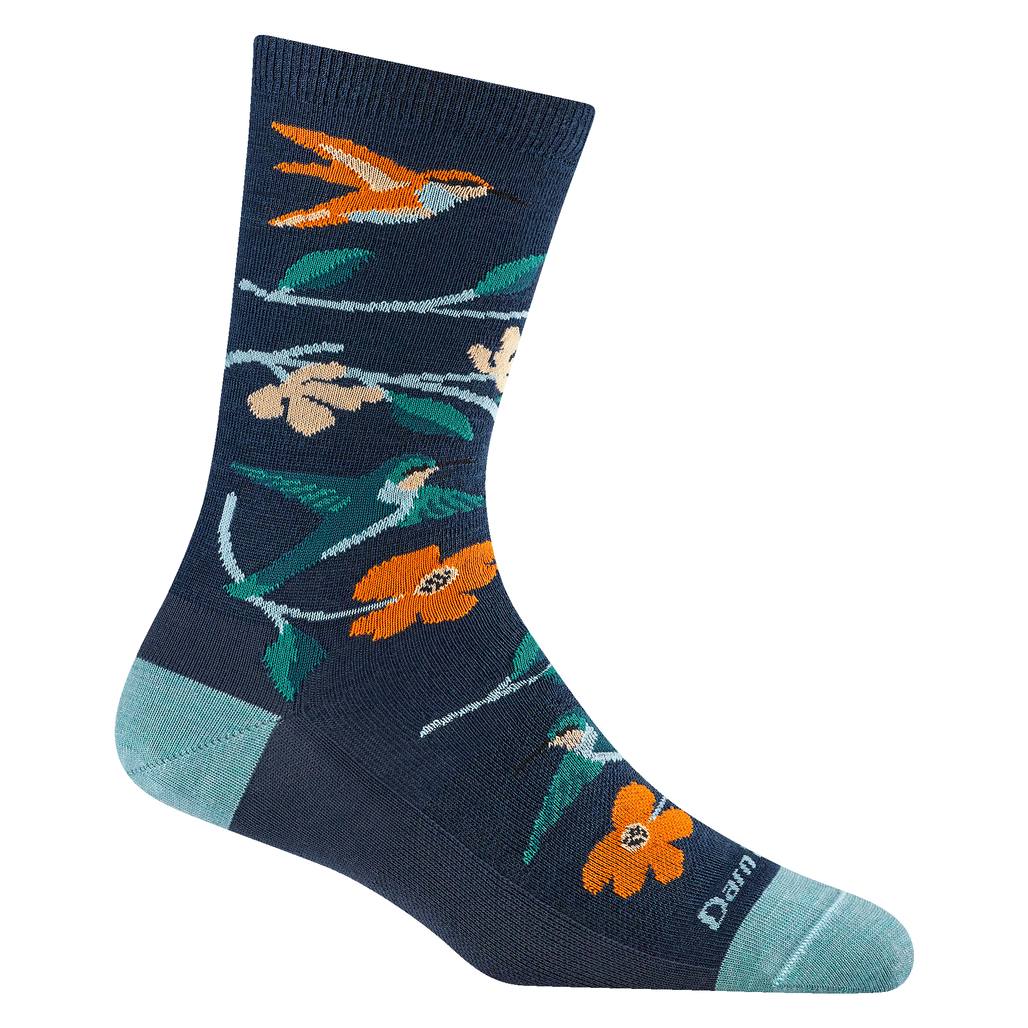 6121 birds of a feather crew lightweight lifestyle in midnight featuring hummingbirds and flowers with navy body and aqua heel/toe