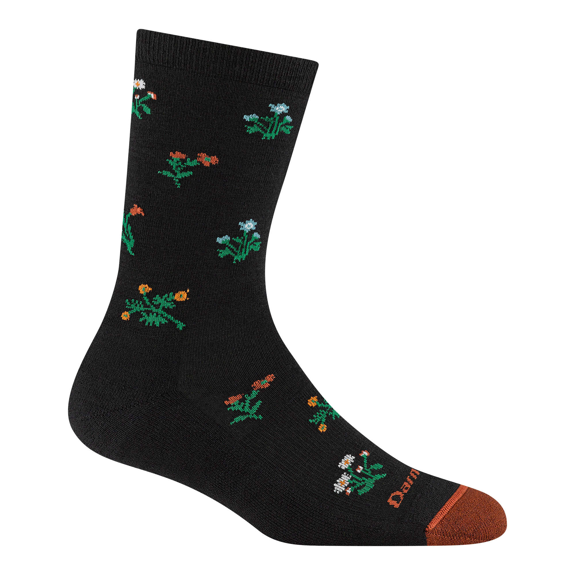 6139 Wildflower Crew Lightweight with Cushion in Black featuring a black body with red toe and small flowers all over