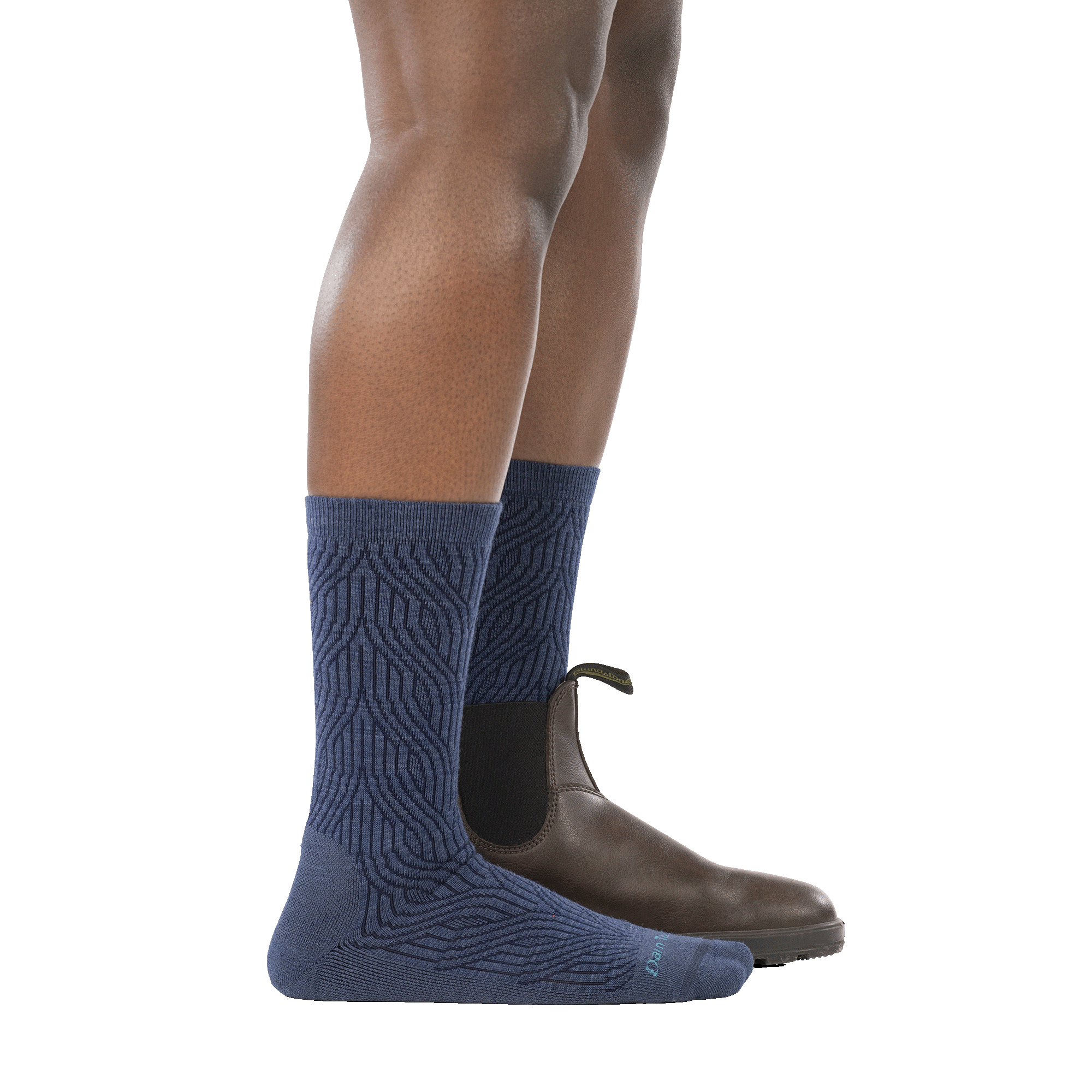 model wearing boot on back foot and 6140 denim lightweight crew sock with cushion side profile