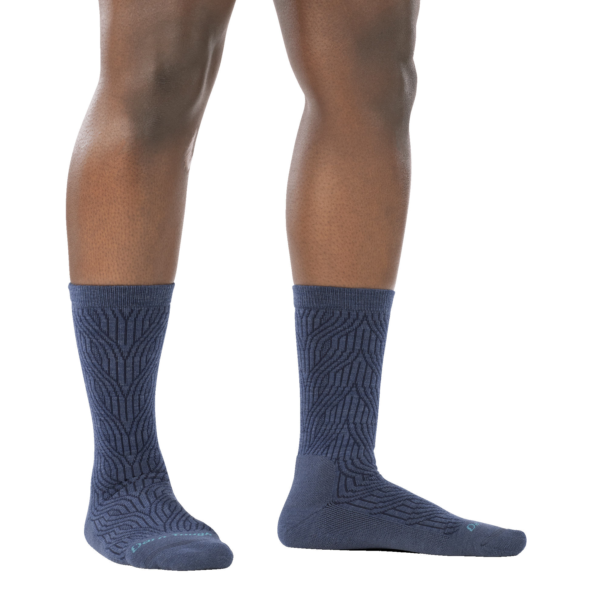 on model image of woman barefoot wearing 6140 denim cable crew lightweight sock with cushion