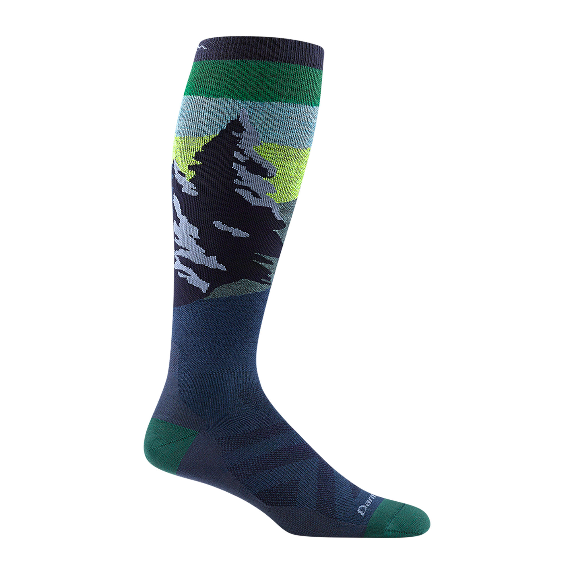 8014 men's solstice over-the-calf ski sock in navy with green toe/heel accents and snowy mountain design