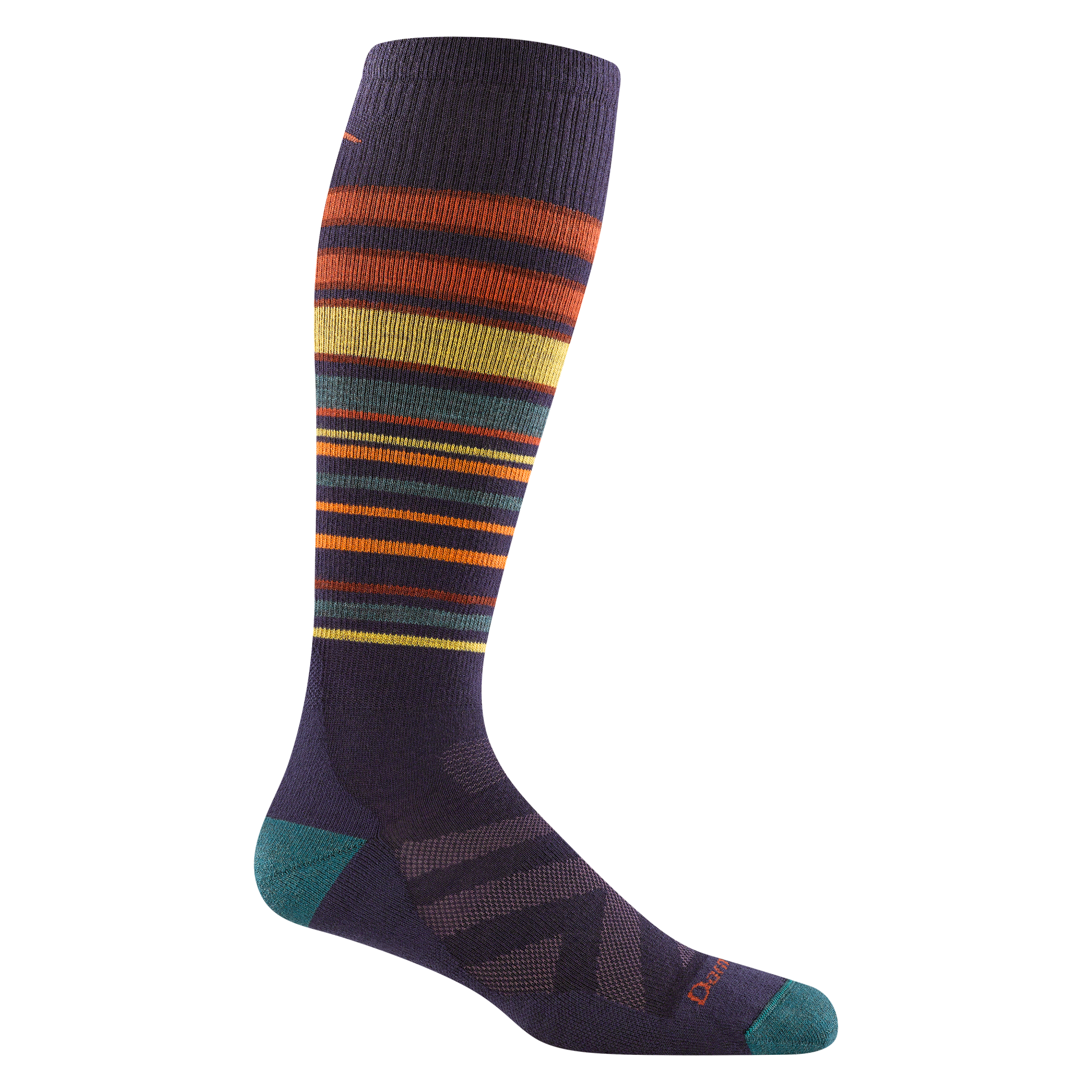 8017 Snowpack over the calf ski and snowboard sock in blackberry featuring teal toe/heel and multi color stripes on leg
