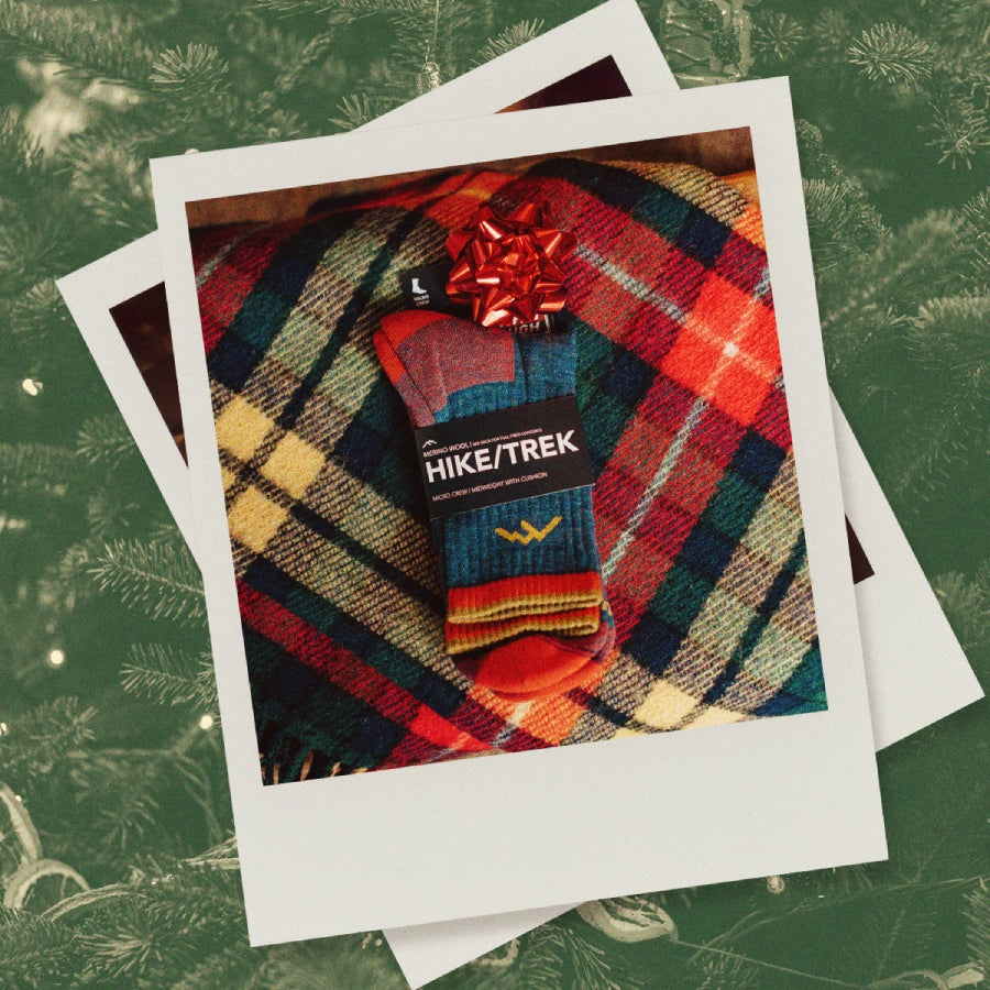A polaroid of a pair of Darn Tough hiking socks with a holiday bow on them