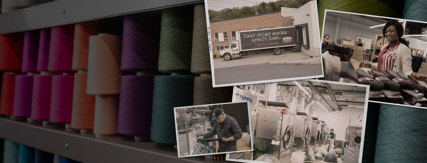 Rows of Merino Wool yarn cones overlaid with images of early Darn Tough work