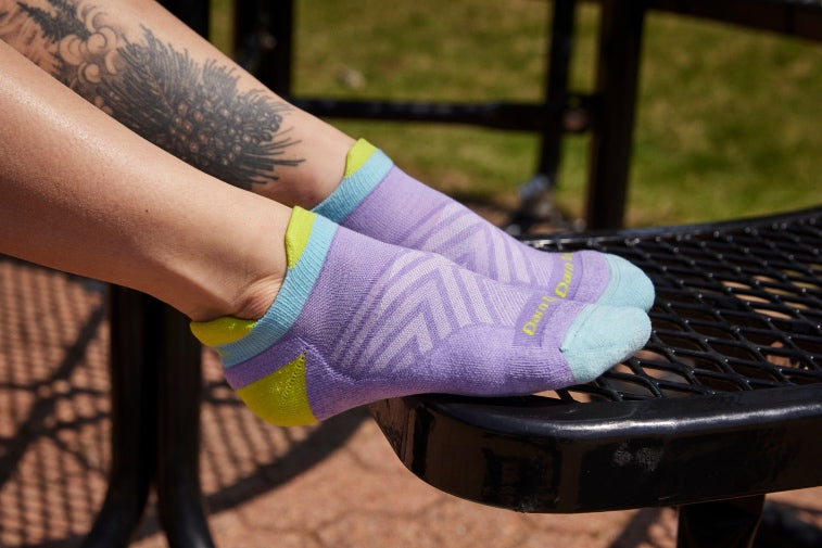 Shop Best Selling socks - feet wearing no show purple socks, a great gift idea