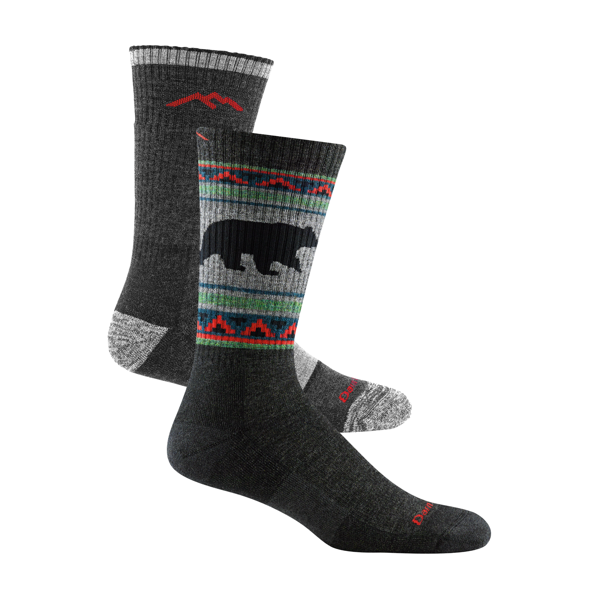 2 pack bundle shot of the men's vangrizzle boot sock in charcoal and the men's boot hiking sock in black