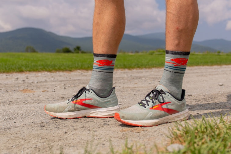 Shop Running Socks - feet wearing the Pacer Micro Crew run socks